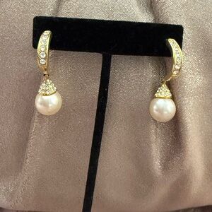 Gold Pearl Drop Earrings with Crystal Accents
